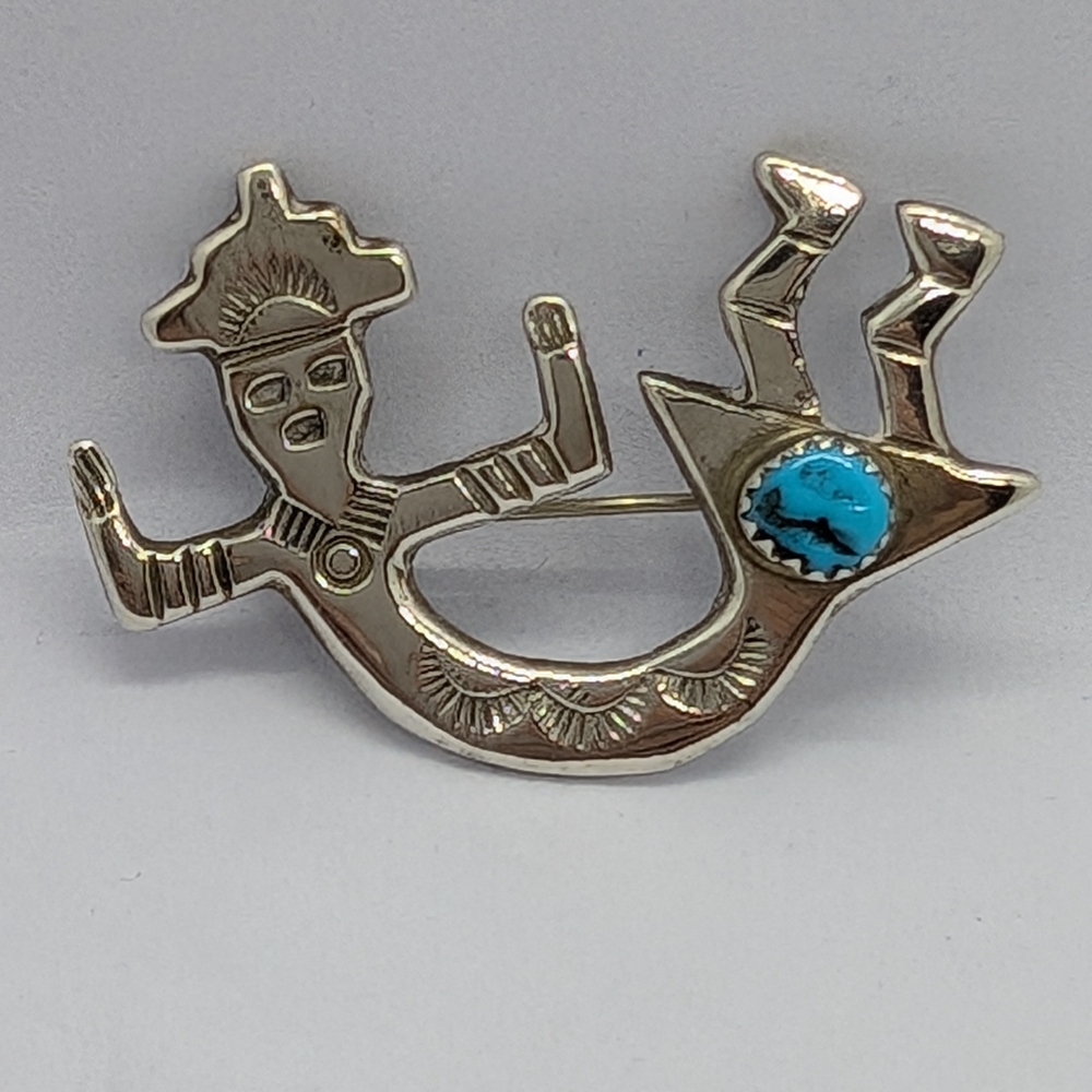 Vintage Southwestern Silver Rainbow Man Or Kachina Turquoise Brooch Pin